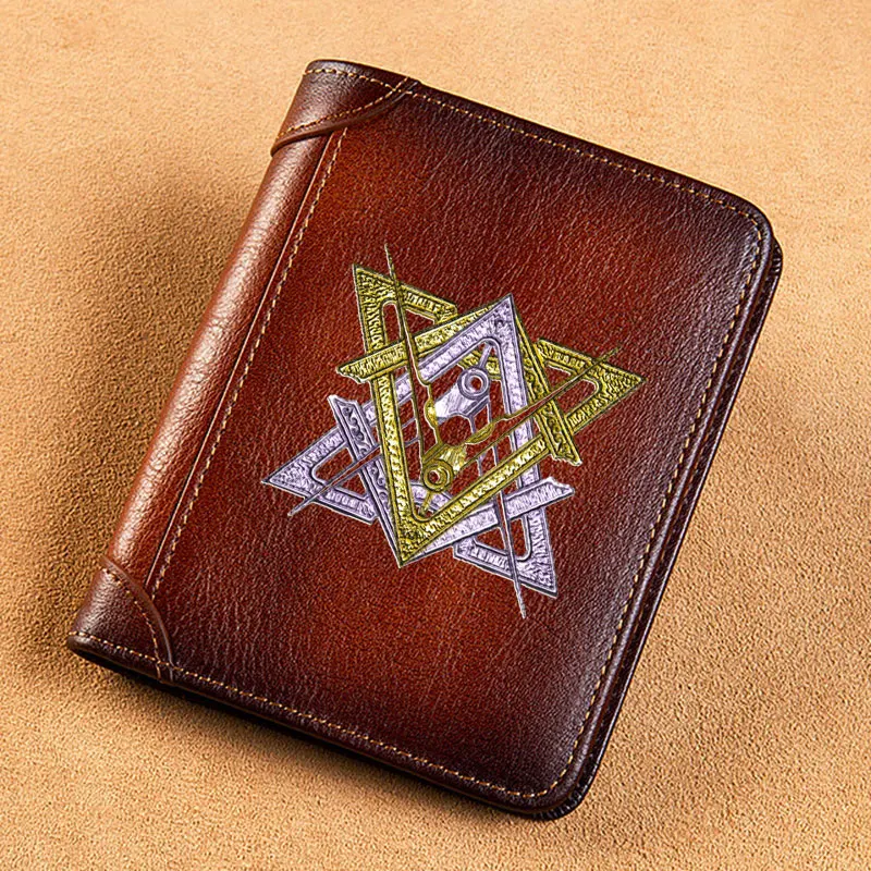 Vysoko kvalitná skutočná kožená peňaženka bezplatná a akceptovaná murársky odznak Tlač štandardnej krátkej kabelky BK1477