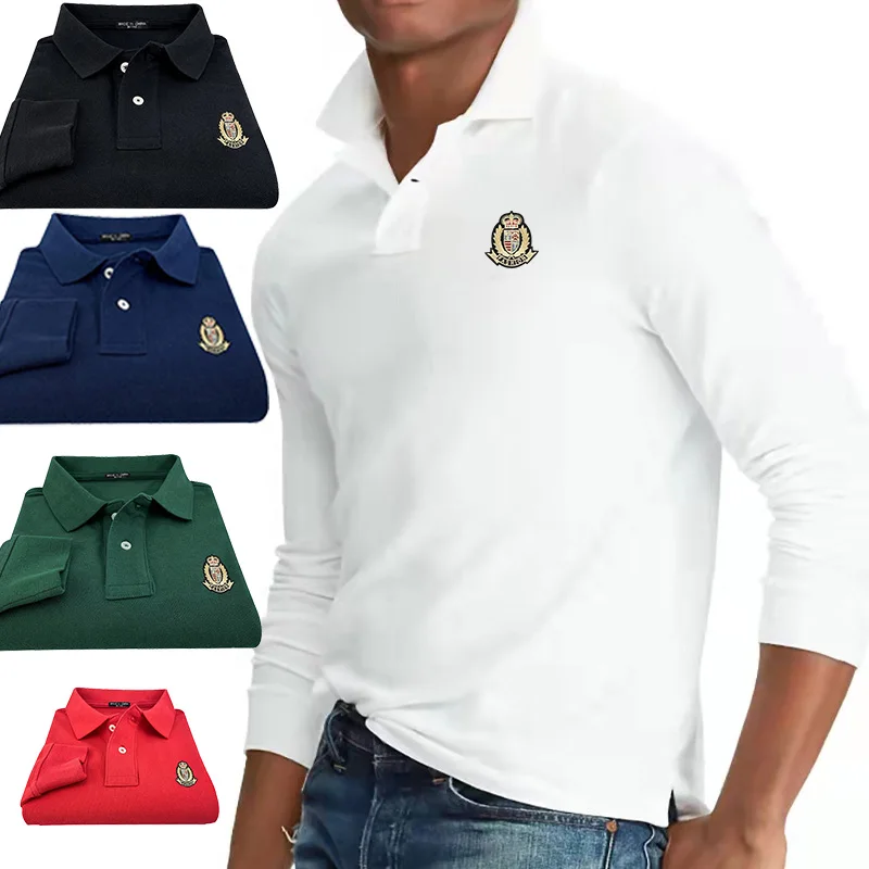 Vysoko kvalitné 100% bavlnené vyšívacie logo-logo pánske košele Polos Casting Clothing Sportswear s dlhým rukávom Polos hommes módne mužské vrcholy