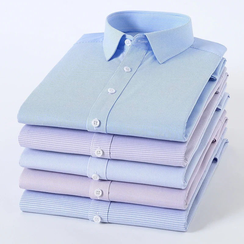 Vysoko kvalitné bambusové vlákno Stripe Men košele s dlhým rukávom Muž Slim Fit Force neleon Anti-vrátenia Camisa Social White Shirt S-8XL