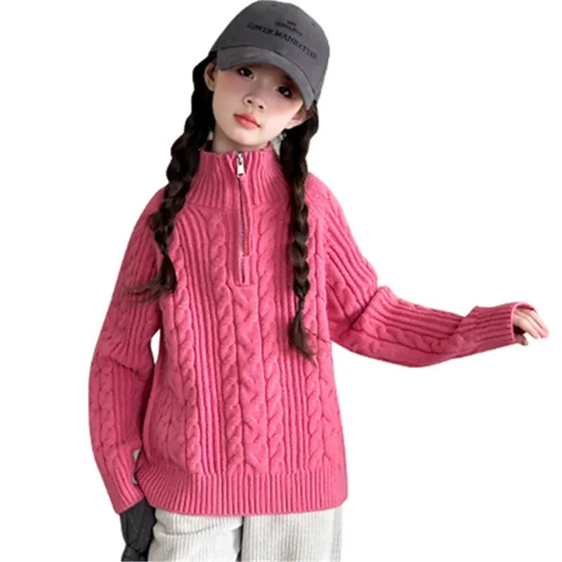 Vysoko kvalitné deti Turtleneck sveter pre dievča s zipsom dospievajúca ruža červená vysoký krk pleta
