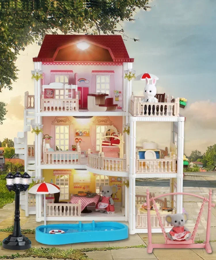 Vysoko kvalitné LED svetlá DIY ručne vyrábané luxusné dovolenky vily Koala Swing Princess Castle Play House Interactive Toy
