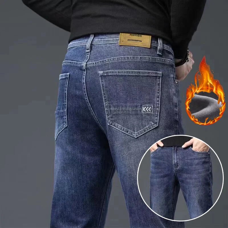 Vysoko kvalitné pánske fleece zahustené džínsové nohavice Denné nohavice na streetwear Muž zimné teplé teplé snehové klasické modrošedé džínsy