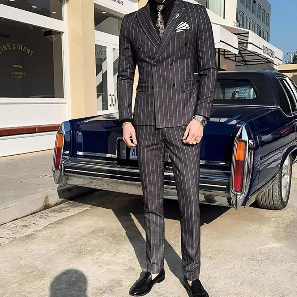 Vysoko kvalitné pánske obleky set 2 kusy elegantné čierne pruhované vrchol klopa obchodné oblečenie spoločenský klub mužské kostýmy bunda