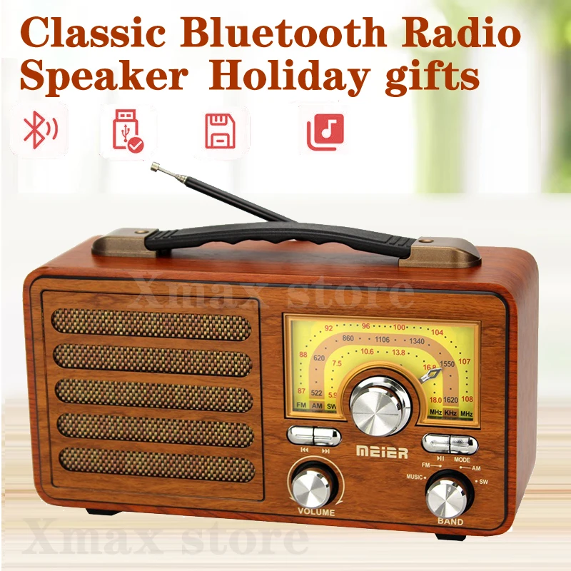 Vysoko kvalitné retro drevené drevené FM Am SW Radio Bluetooth Bass Speak MP3 prehrávač Hudobný reproduktor nabíjateľný s ľahkým darčekom USB TF