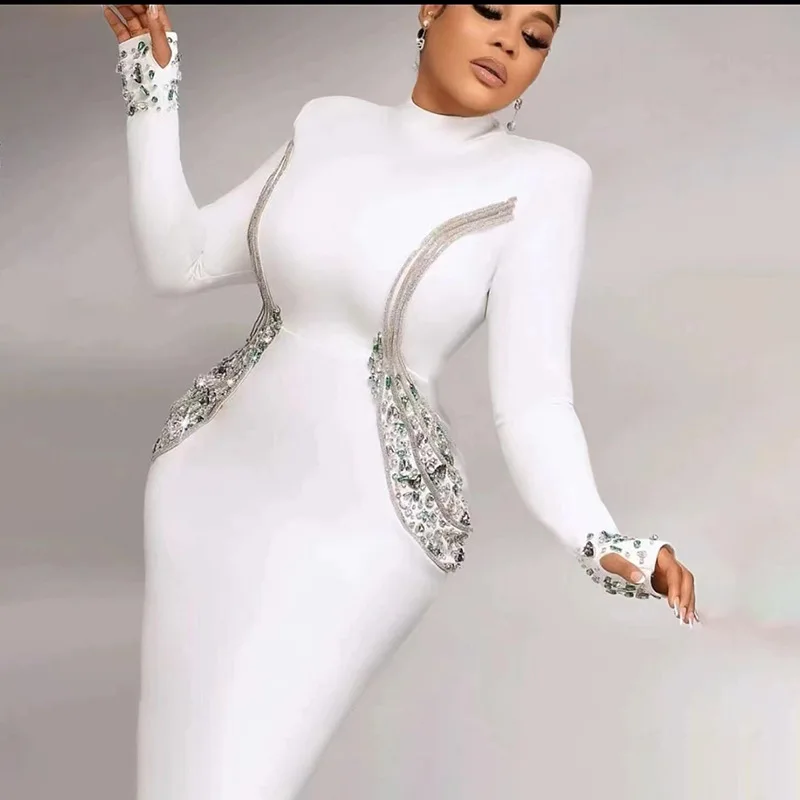 Vysoko kvalitné čierne biele ženy s dlhým rukávom iskrivé krištáľové šaty Bodycon dlhé obväzové šaty Elegantné večerné kokteilové šaty