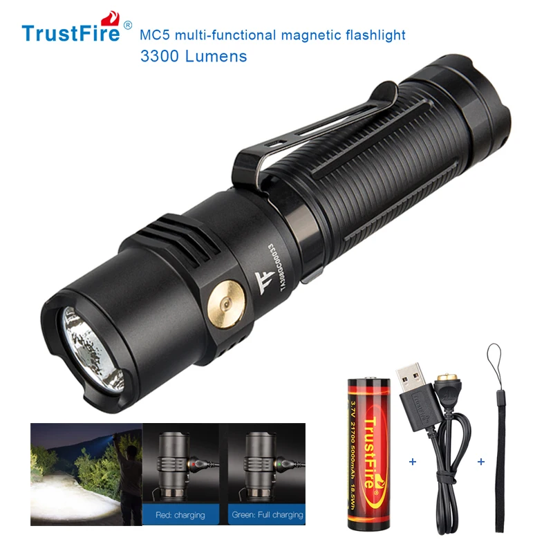 Vysoko výkonné LED baterky Trustfire MC5 3300 LUMENS Nabíjateľné EDC Magnetické nabíjanie Použitie 21700 Indikátor napájania batérie