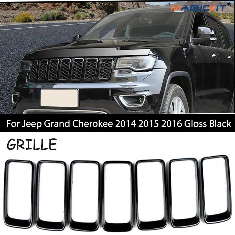 Vysokokvalitný ABS 7ks predný mriežkový kruh vložky pre džíp Grand Cherokee 2014 2015 2016 Gloss Black Car Accessoires