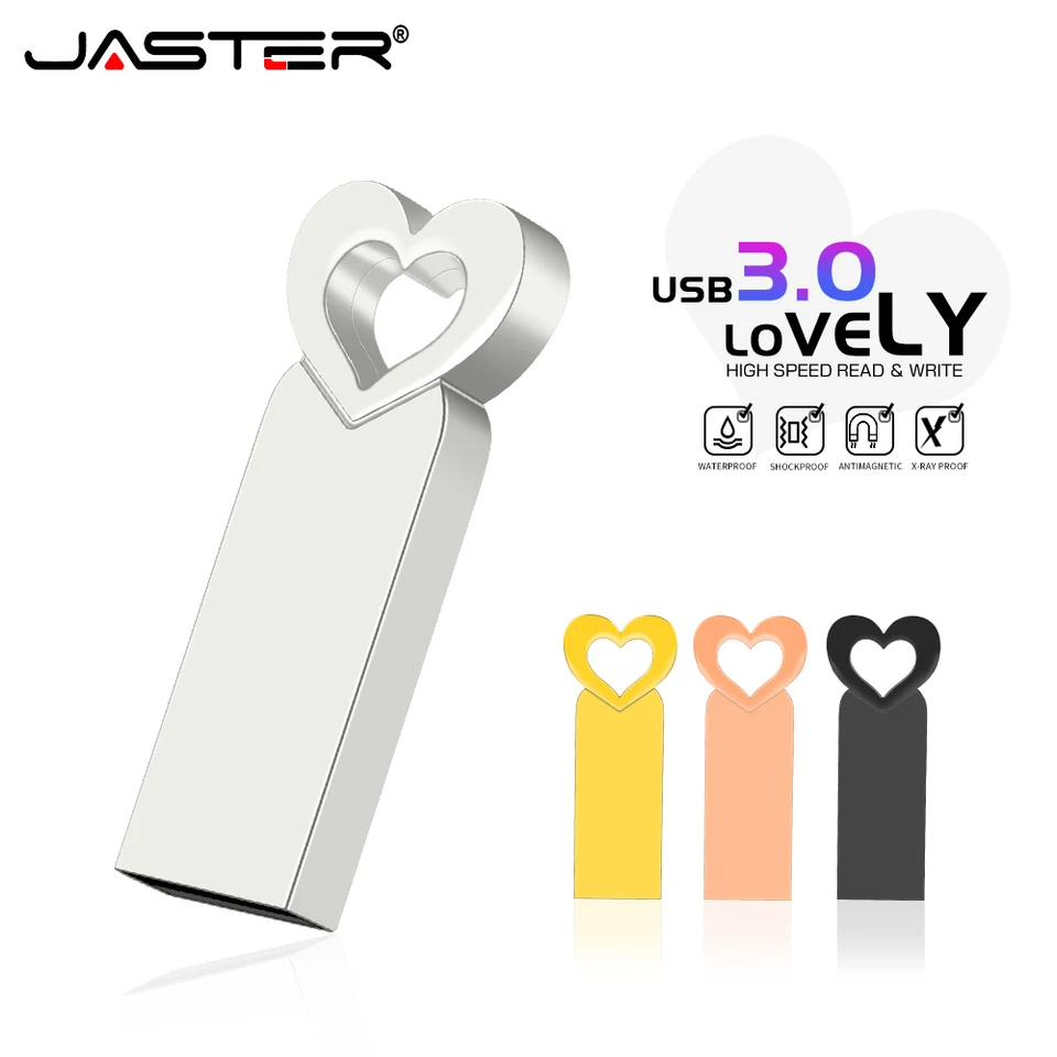 Vysokorýchlostná USB 3,0 Flash Drive 128 GB 64 GB Heart Metal Drive Kreatívny darček 32 GB Mini Gold Memory Stick 16 GB pre disk pre notebook U