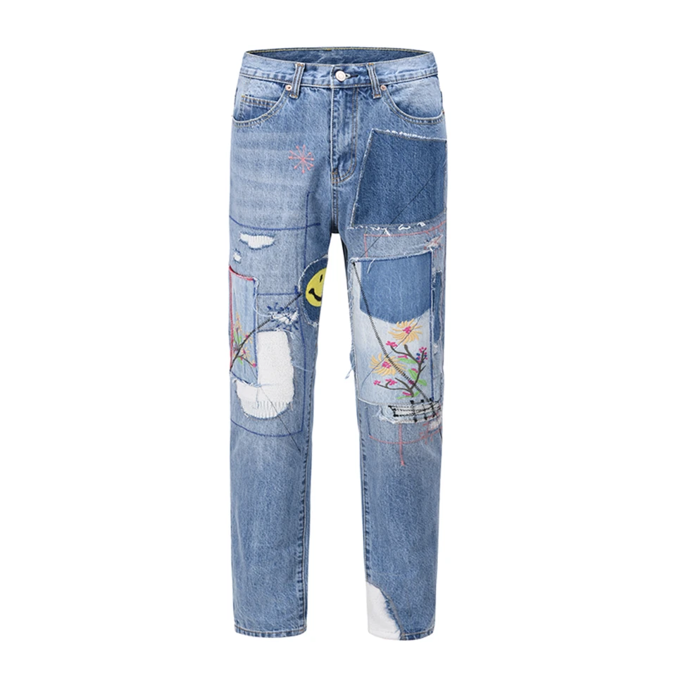 Vysoká ulica kvetinové výšivky Patchwork roztrhané modré džínsy pre mužské retro priame džínsové džínsové nohavice nadmerne nadmerné Jean