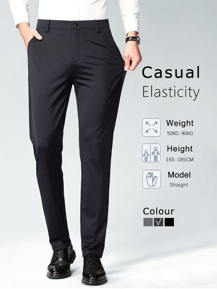 Vysoké elastické tenké mužské obchodné obleky Classic Straight Slim Male Work Formal Party Príležitostné nohavice čierna šedá modrá