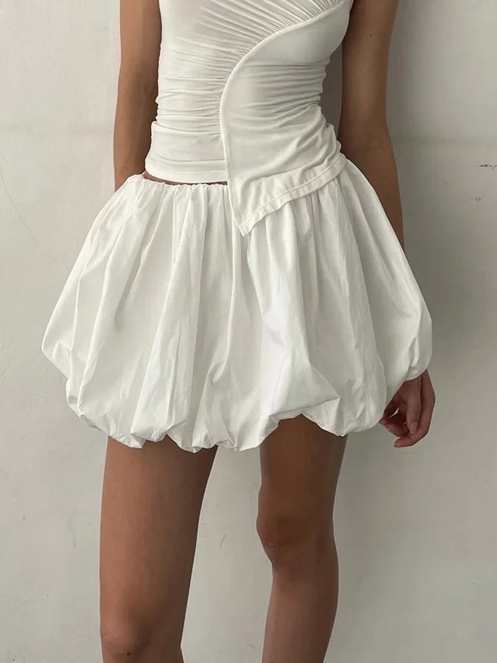 Vysoký pás Mini jarné letné sukne Ženy Ruft Pleat Fashion Kórejské dámy sukne uvoľnené príležitostné ženy Lantern sukne s-xl