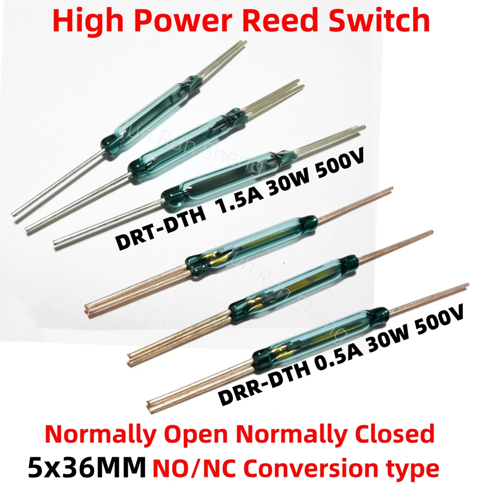 Vysoký výkon Reed prepínač DRR-DTH 0,5A 30W 500V 5*36 mm DRT-DTH 1,5A Normálne otvorené normálne uzavreté NO NC Konverzné magnetický senzor