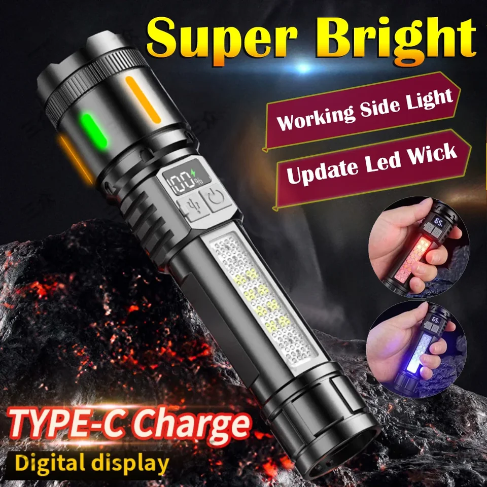 Vysoký výkon Spotlight dlhá LED baterka s kabátom bočnou bočnou svetlou červenou modrou farbou typu C rýchle nabíjanie