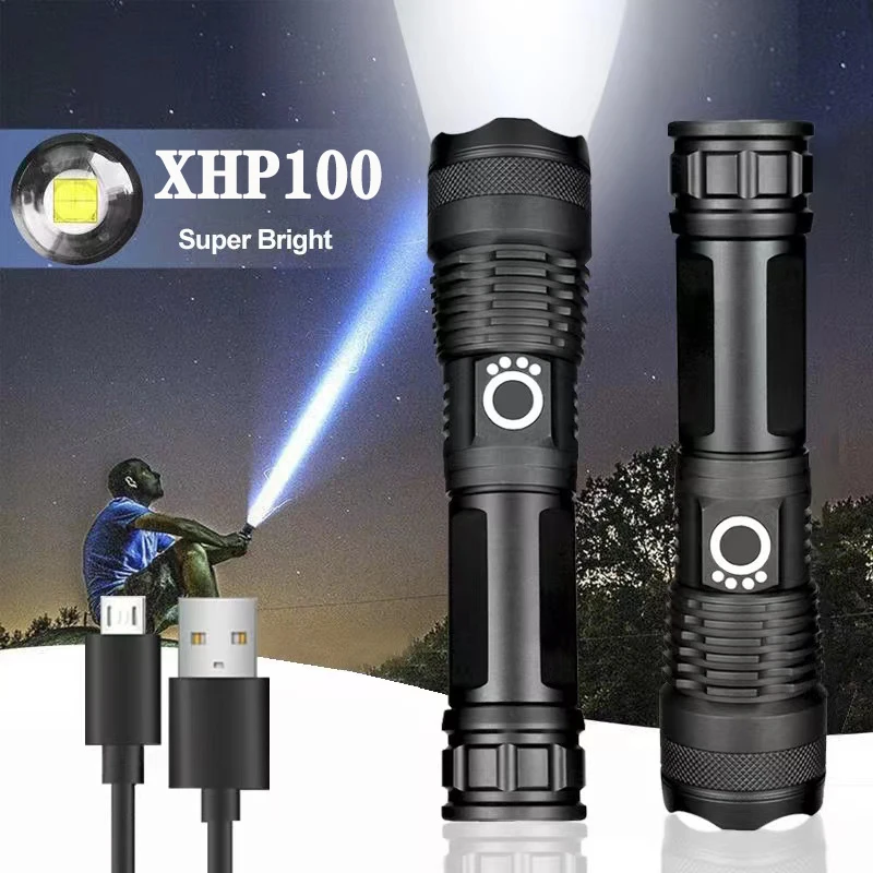 Vysoký výkon XHP100 LED baterka Nabíjateľná 4 jadro Torch Zoom USB ručná lampa na kemping, vonkajšie a núdzové použitie