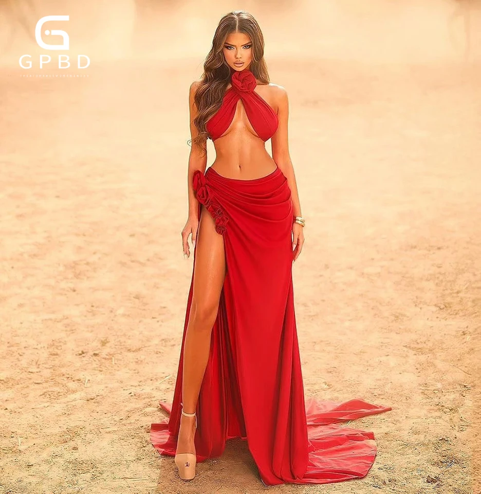 Vysoký štrbina 3D kvetinové červené šaty Sexy Camisole vesta a dlhá sukňa dvojdielne sada High Slit Elegantné šaty