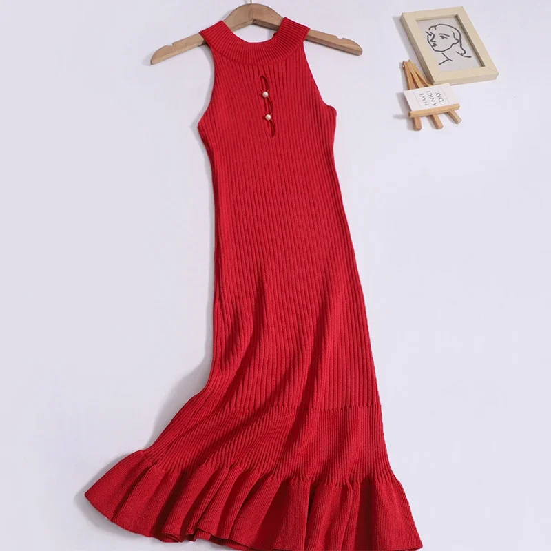 Vystrihnite halter letné pletené pletené telo sexy šaty o krk bez rukávov bez rukávov Sundress Sundress High Street Elastic Slim Short Dress