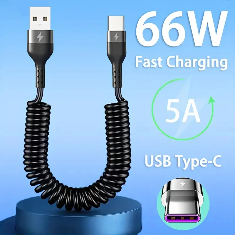 Vytiahnuteľný kábel USB-C 66W rýchleho nabíjačky Dátový drôt na nabíjačke Typ automobilu typu C stĺpca kábel pre univerzálny Android Pull Telescopic USB kábel