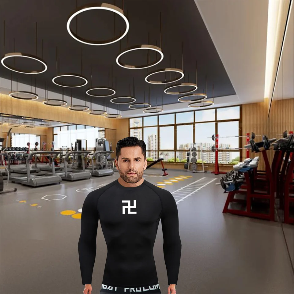 Vytlačené so svastikou písma Tirk fitness svalové tričko Men Fitness Sport Compression Tričko Men s dlhým rukávom okrúhle krk tričko