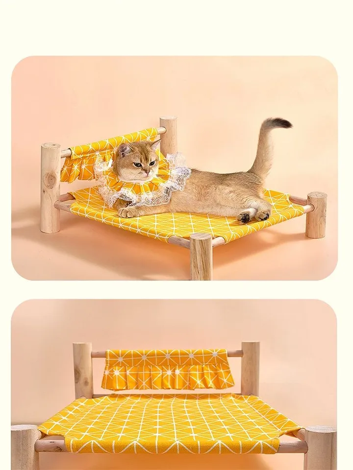 Vyvýšené posteľ Canvas Cat Bed House Cat Mass Wood Hammock Pet Camping Bed Cat Dom prenosné odnímateľné umývateľné domáce zvieratá