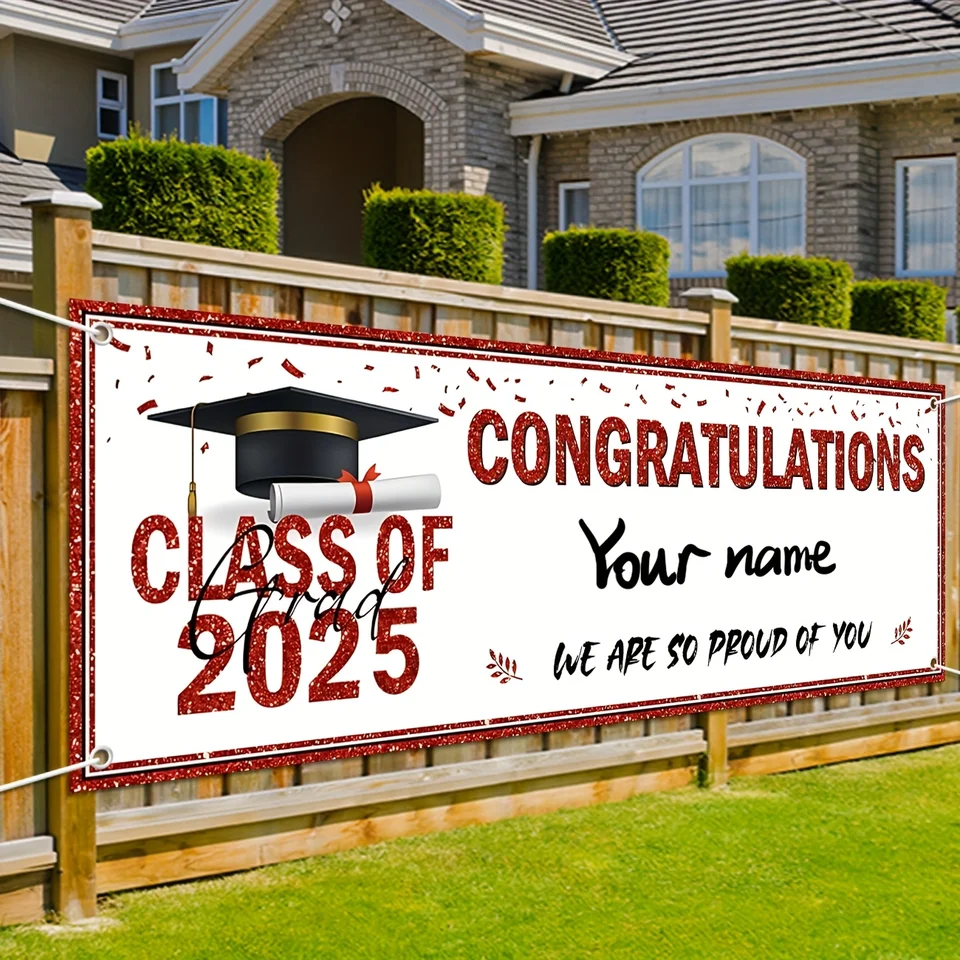 Vyzdobenie promócie Gratulujeme absolventským bannerom trieda 2025 Red Personalizovaná trieda 2025 Banner Yard Sign so známkou