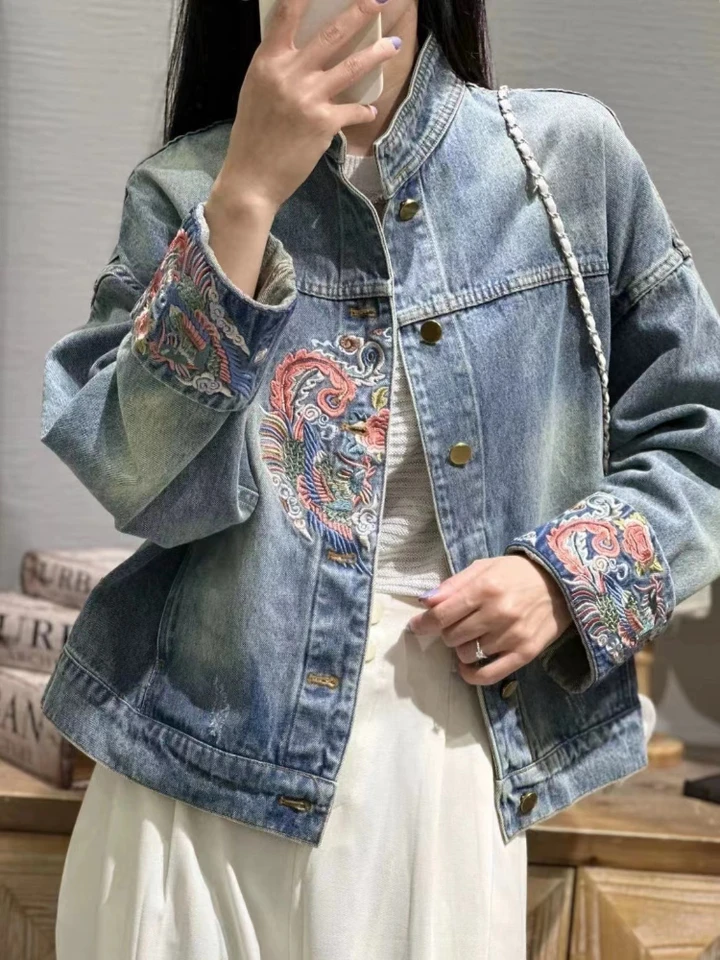 Vyšívacia džínsová bunda Ženy Čínsky vintage kabát Žena High Street Príležitostné voľné orezané orezané mimozemšťanom