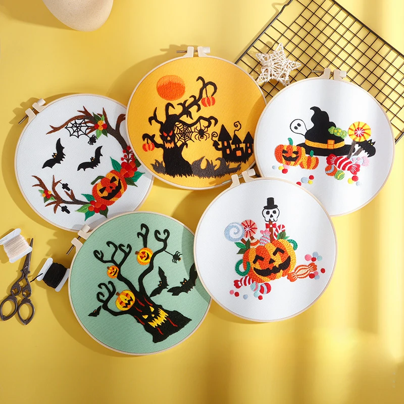 Vyšívacia štartovacia súprava pre dospelých začiatočníkov s Halloween Pumpkin Spider Castle Pattern Opched Cross Stit