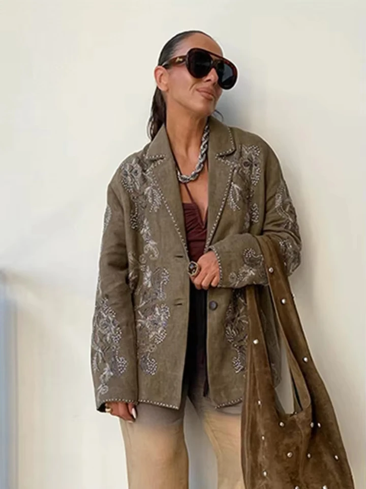 Vyšívacie kvetinové korálky sako Women Women Chic Luxury Luxury Single Breast Loose Turnwow Collar bunda 2024