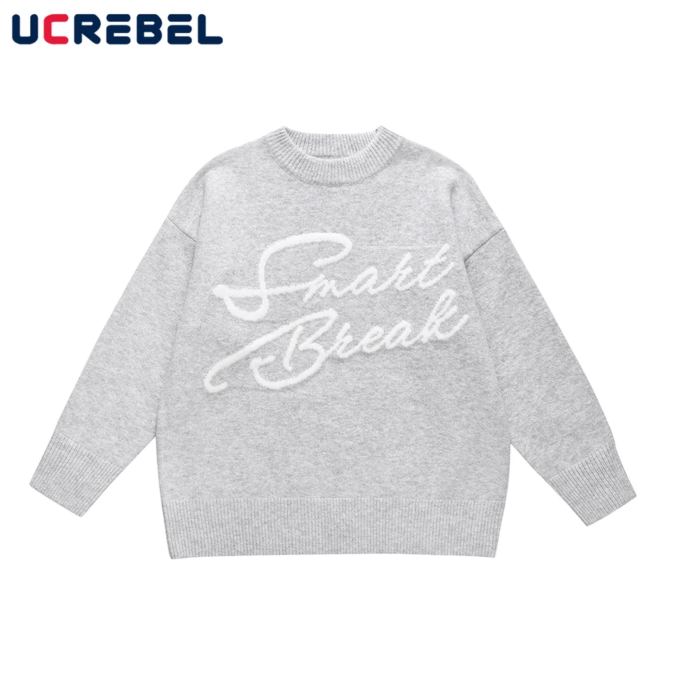Vyšívací posádka krk Sweater Menns Streetwear Loose Dlhý rukáv pletená pullover muži na jeseň