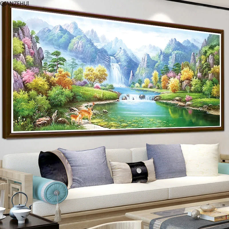 Vyšívanie, DIY krížový steh zelené kopce a zelené vody Fortune Deer Krajina plnohodnotný kríž