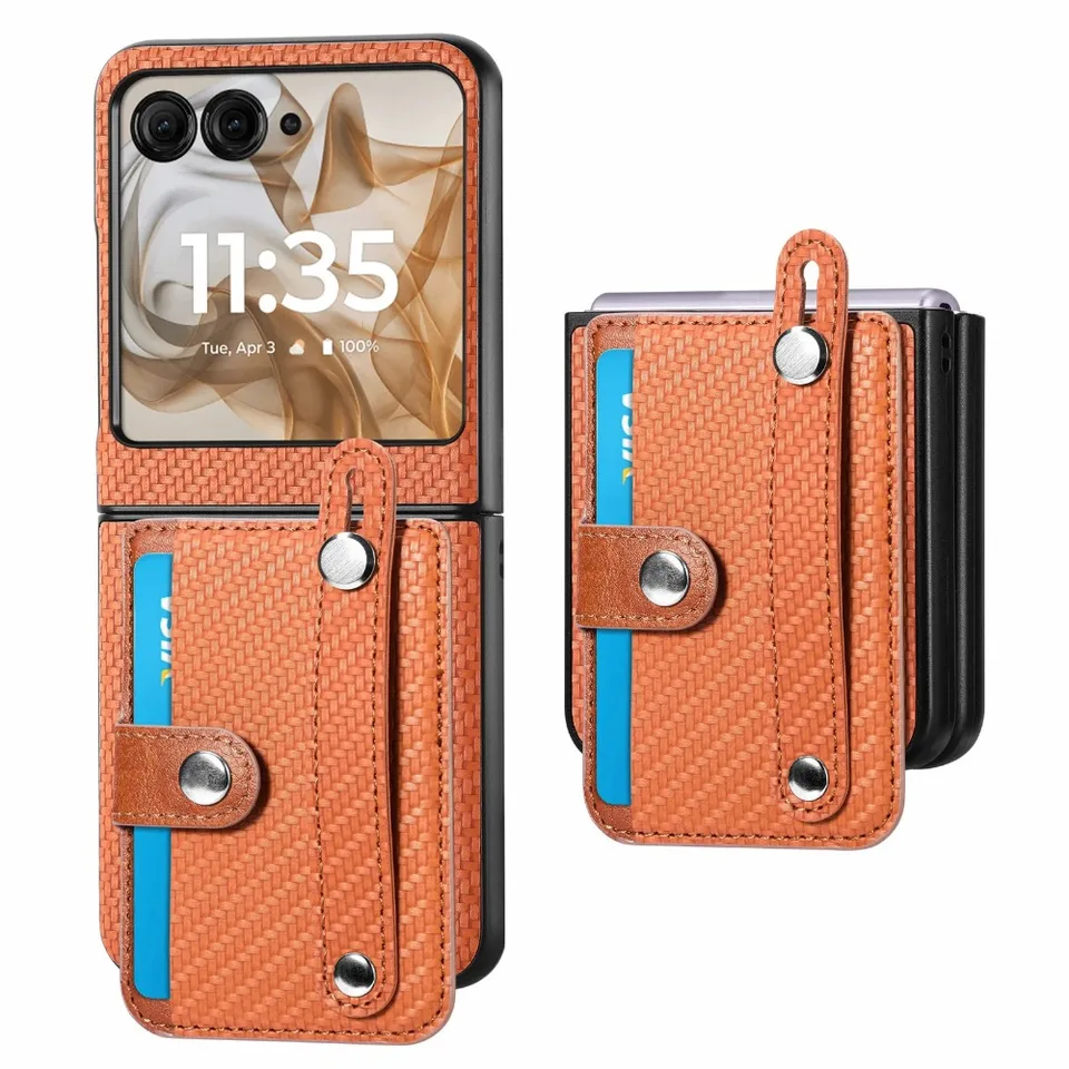 Vzor z uhlíkových vlákien PU kožené puzdro pre telefón pre Motorola Razr 50 Ultra 40 Multifunkčný kryt na zápäsný pásikový remienok na zápästie.
