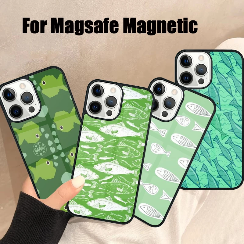 Vzor zelených rýb Magsafe Pase pre iPhone 16 15 14 13 12 11 Pro Max Plus zrkadlo Wireless Magnetic Cover
