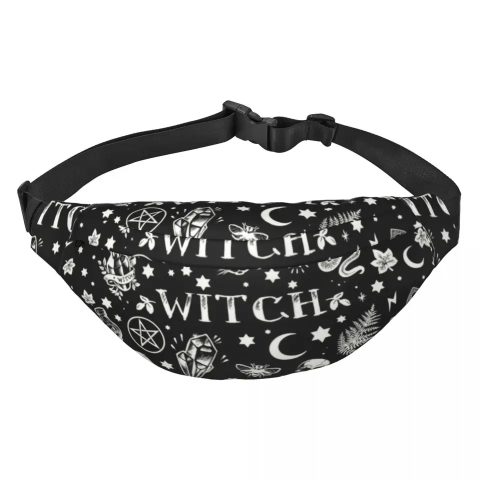 Vzor čarodejnice Fanny Pack Men Women Cool Halloween Cat Skull Sling Crossbody Waist Bag na turistický telefónne peniaze vrecko