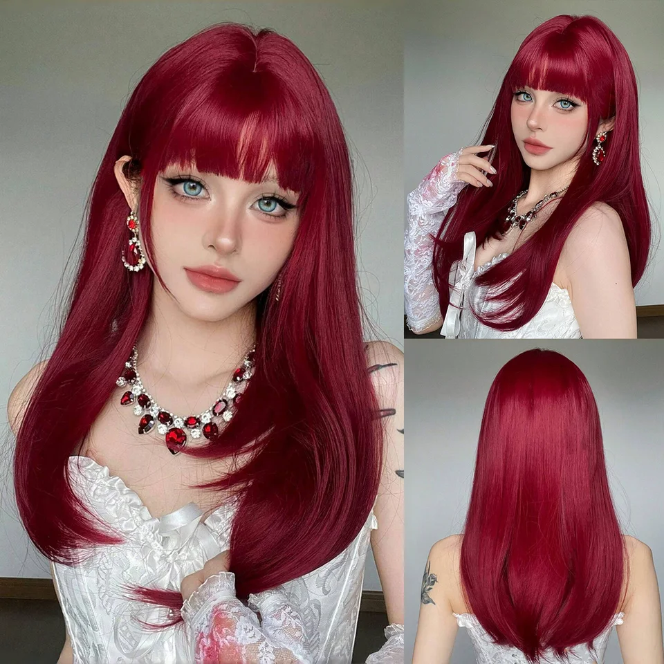 Víno červené hodvábne dlhé priame parochne Cosplay Syntetická parochňa s treskami Halloween Party Vlasy Vlasy pre ženy