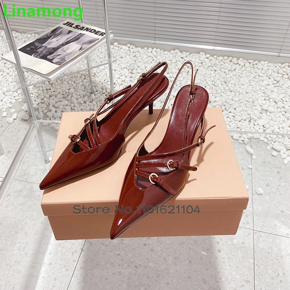 Víno červené špicaté špičky luxusné čerpadlá pre ženy žien 2024 Nová patentovaná koža tenká päta pracky na popruhy Slingback Elegantné topánky