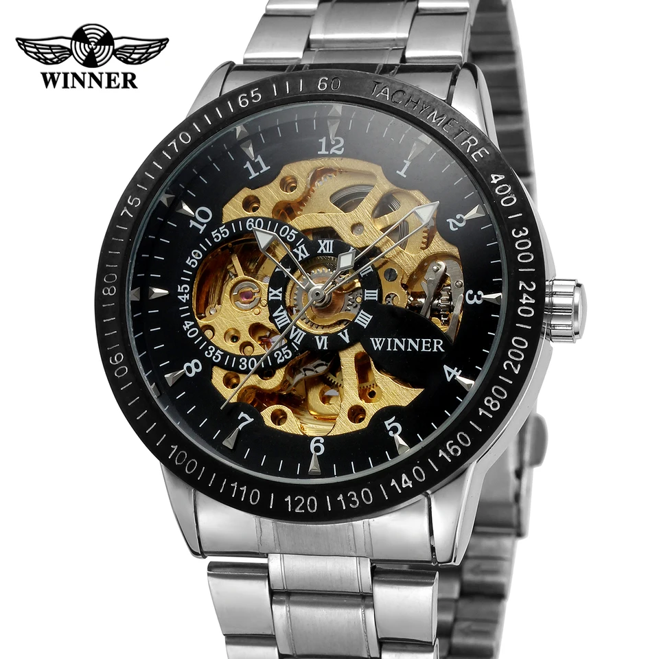 Víťaz Top Brand Retro Classic Scale Zlatá meďná dizajn Malé vytáčanie plná oceľ relogio Masculino Mens Automatické hodinky zápästia