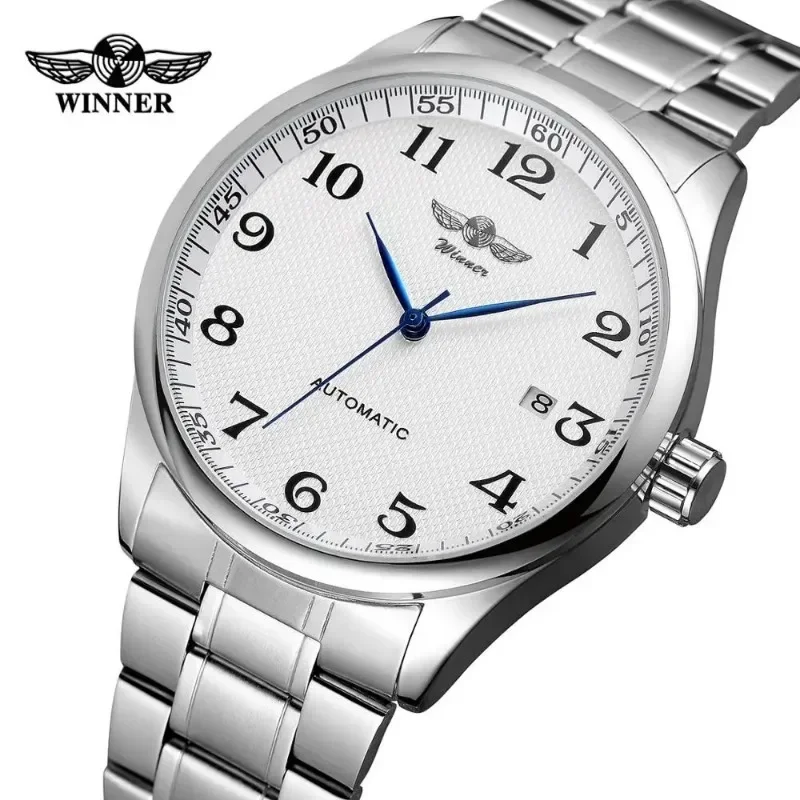 Víťaz Watch Men Minimalistické obchodné hodinky Strieborná nehrdzavejúca oceľ biely číselník Automatické automatické mechanické náramkové hodinky Men