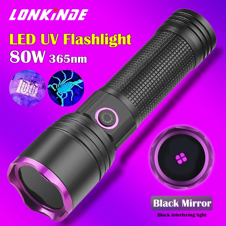 Výkonná 80W UV UV LED baterka 365nm prenosná ultrafialová baterka Inšpekcia Light Inspection Lamp Pet Scorpon Scorpion Detector, Resin