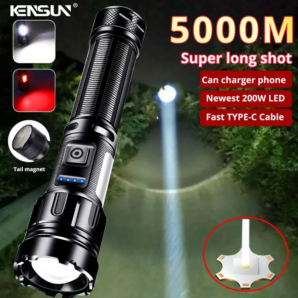 Výkonná LED baterka LED Vysoké lúmeny typu C Nabíjateľné s bočným svetlom výstupného výkonu banka Zoom Linterna Torch Light