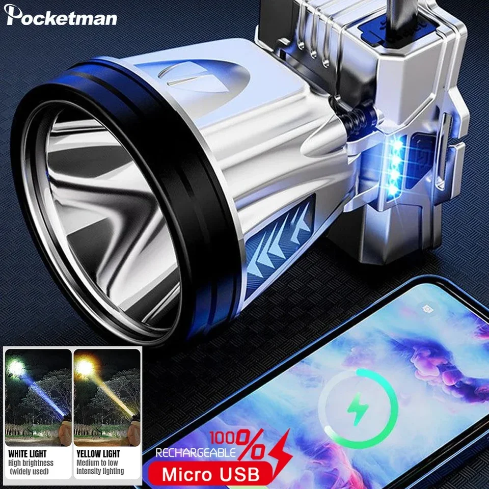 Výkonný LED svetlomet White Yellow Lights USB Nabíjateľný svetlomet vodotesná hlava hlavy hlava baterka s batériou