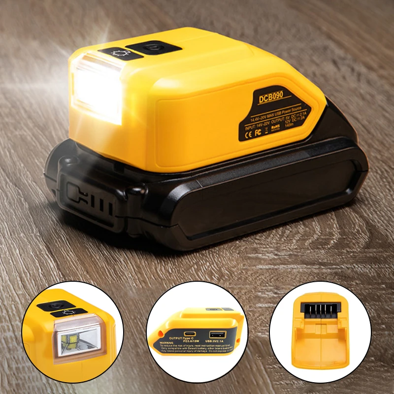 Výmena adaptéra batérie s 3W LED pre Dewalt 18V 20V Max Littium Battery Source Source Source Supply Output Converter 5V 2.1a