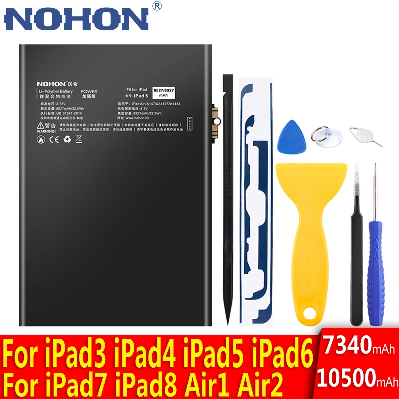 Výmena batérie Nohon pre Apple iPad 8 7 6 5 4 3 Vzduch 2 1 Air2 lítium polymérne batérie A2270 A1547 A1484 A1474 A1389