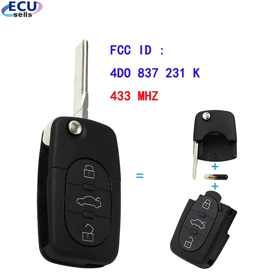 Výmena diaľkového kľúča Kľúčový vstup FOB 3 tlačidlo 433.92MHz 4D0 837 231 K 4D0837231K pre staré modely Audi A6 TT s čipom ID48