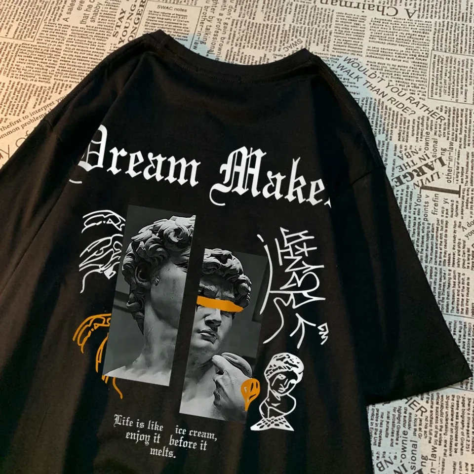 Výrobca snov Brave sochárske vzory tričká Men Vintage Pohodlné príležitostné oblečenie párov na streetwear tričká Crewneck Tričko Tops