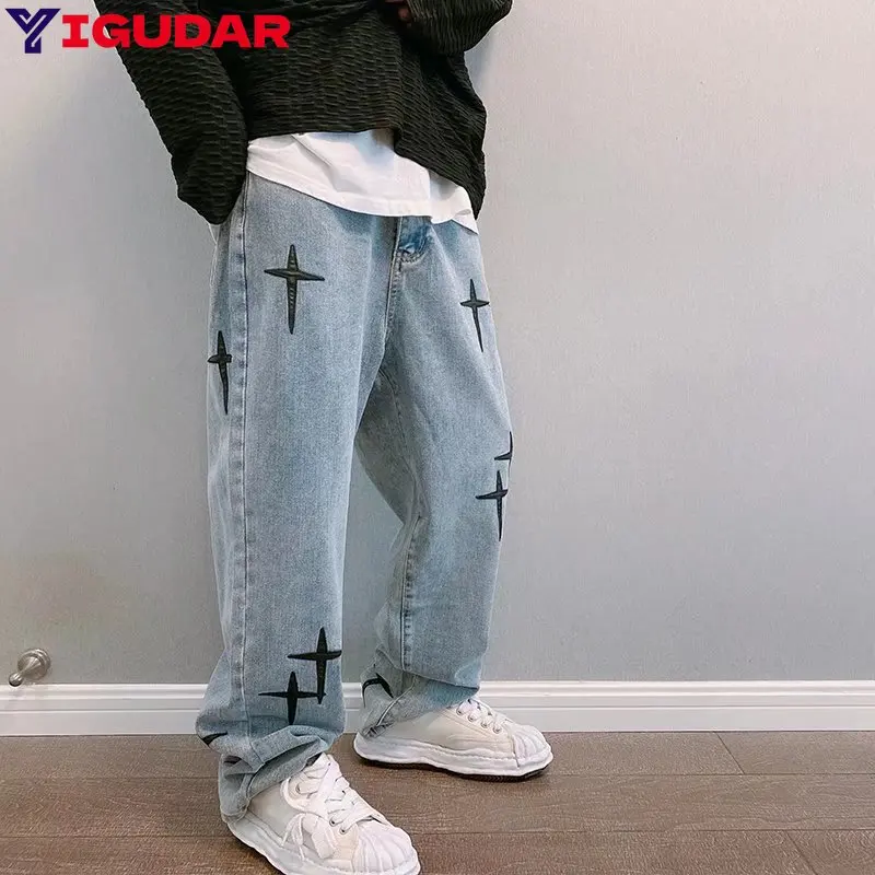 Výtlačky džínsy Men New Streetwear Baggy Wide Nohy džíns Kórejské módne závesy rovné ležérne voľné džínsové nohavice pánske džínsy
