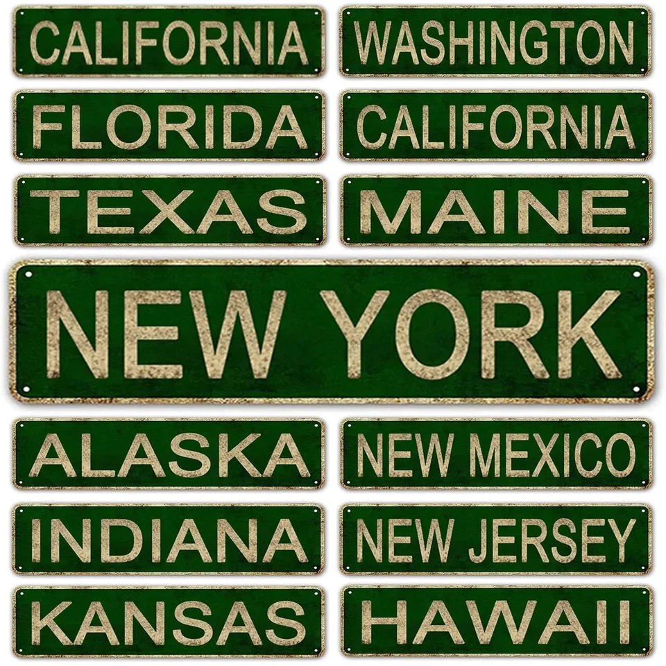 Výzdoba New York California Vintage Cínové značky Funny pouličné kovové značky Country Road Sign for Home Wall Cafe Bar Man Cave Outdoor