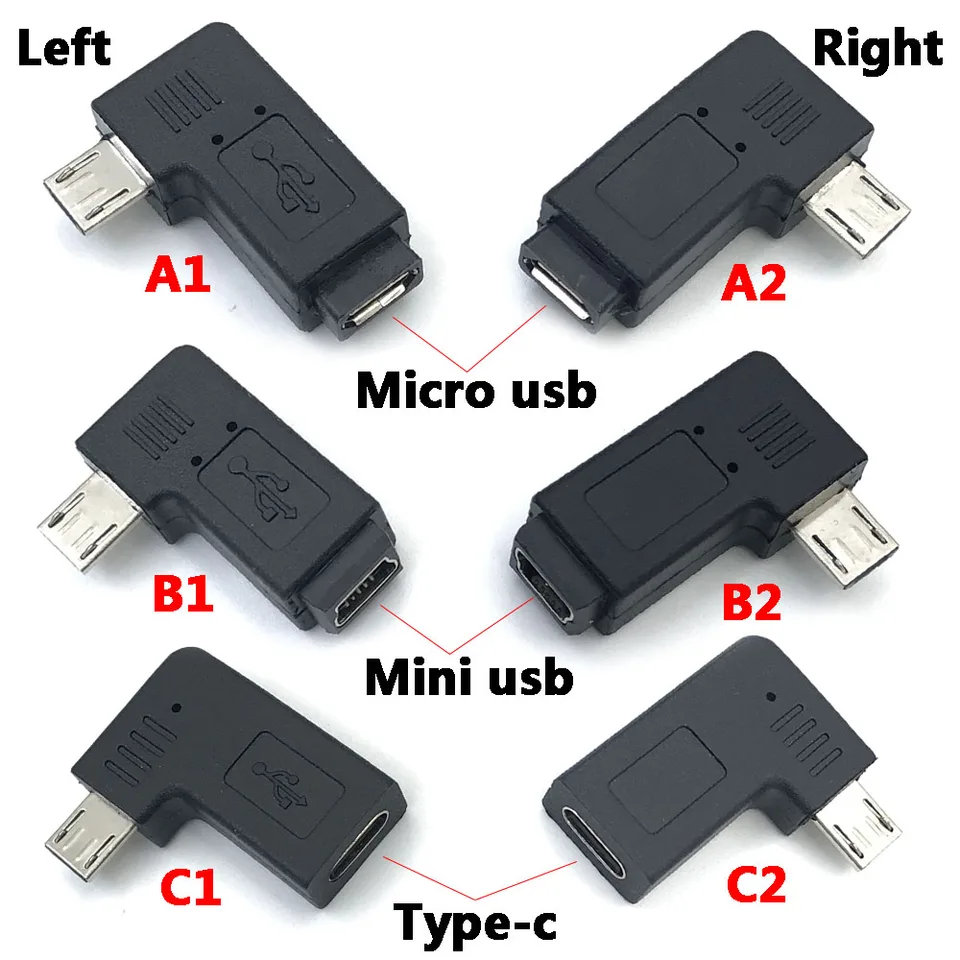 Vľavo pravý poklonený 90 stupňov Micro USB Muž na typ C USB Micro USB Mini USB ženský adaptér Konvertor konektor pre tablet telefónu
