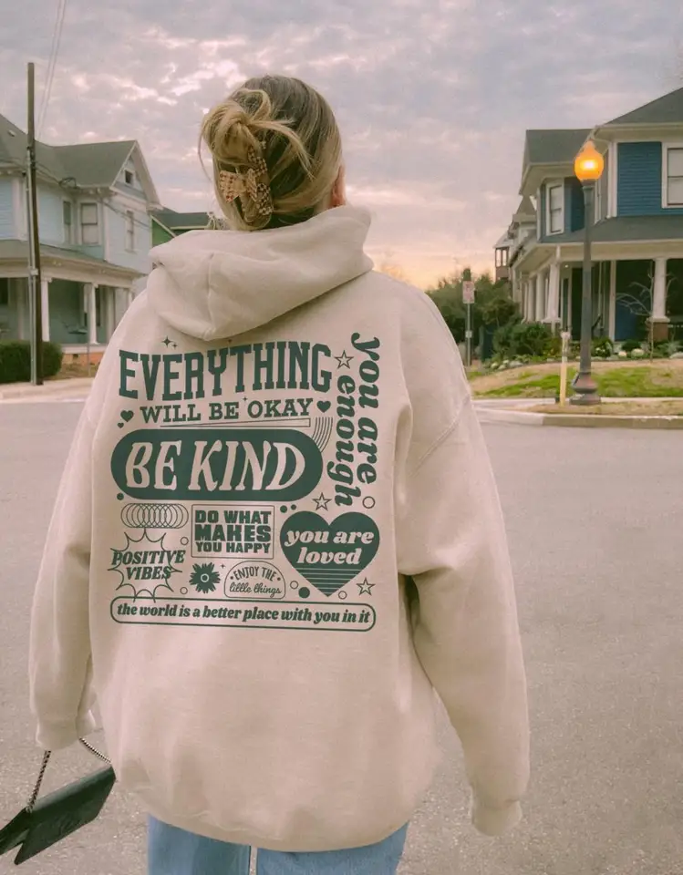 Všetko bude v poriadku, zelené ilustrácie srdca dizajn dámske oblečenie trendy nová mikina neformálne vreckové športové oblečenie Street Hoody