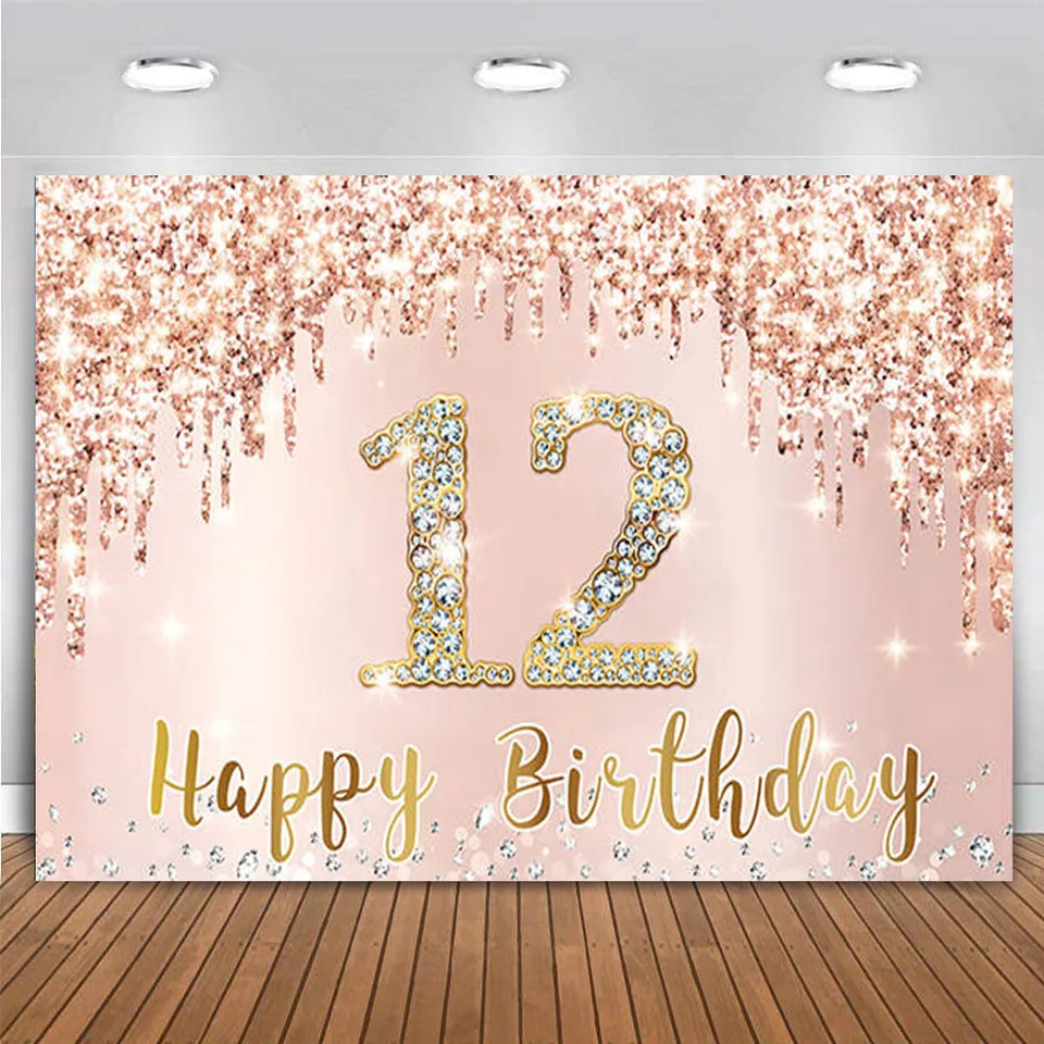 Všetko najlepšie k 12. narodeninám Decor Decort Rink Rose Gold For Girls Bat Mitzvah Dvanásť 12 rokov staré banner Prispôsobenie
