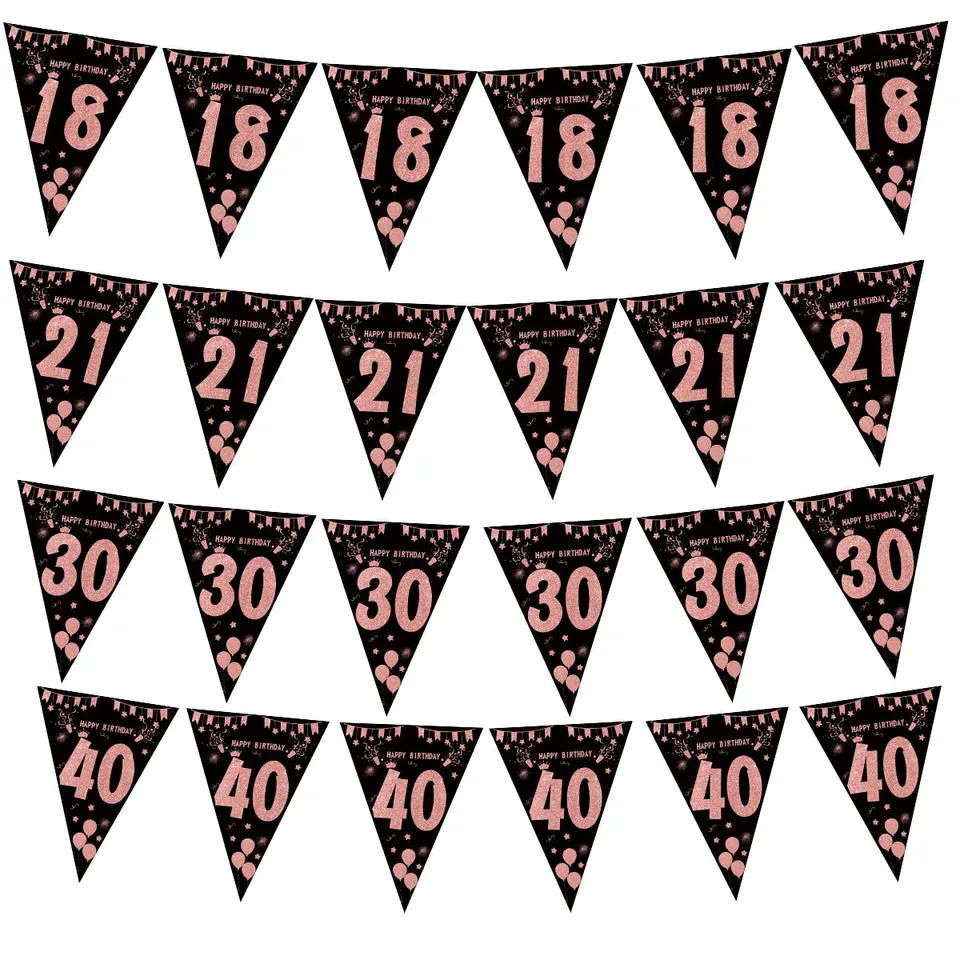 Všetko najlepšie k narodeninám Bunting Banner, buntingové vlajky, trblietavé diamanty podľa čísel, trojuholník, ružové zlato, 18., 30., 40., 50., 60.