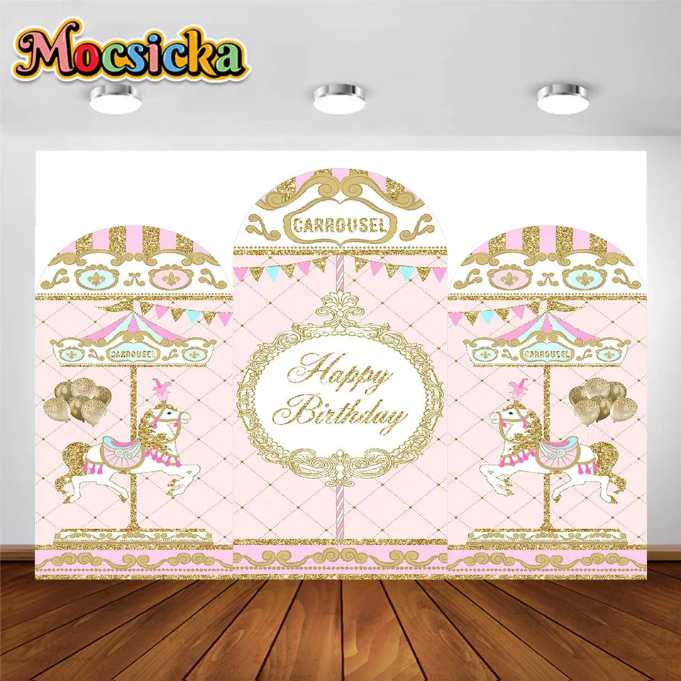 Všetko najlepšie k narodeninám Carousel téma Chiara Arch Contracdrop ​​Cover For Boys Girls Birthday Photography Banner Decor Studio Props Banner
